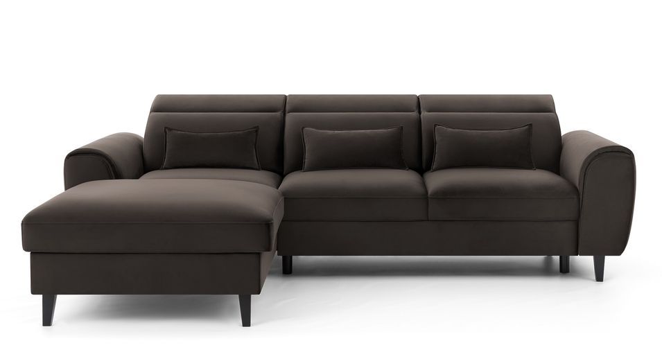Canapé d’angle convertible ASTORIA en velours avec coffre, têtières réglables et pieds en bois noir – 267 cm - Photo n°1