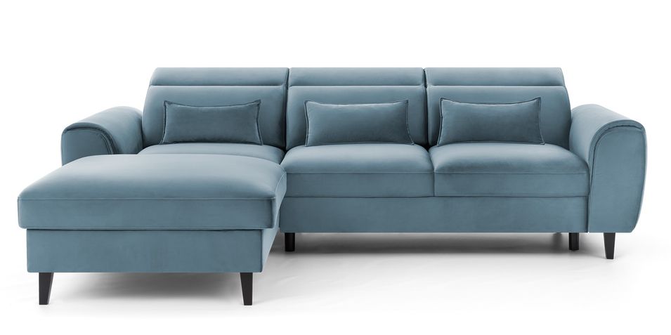 Canapé d’angle convertible ASTORIA en velours avec coffre, têtières réglables et pieds en bois noir – 267 cm - Photo n°1