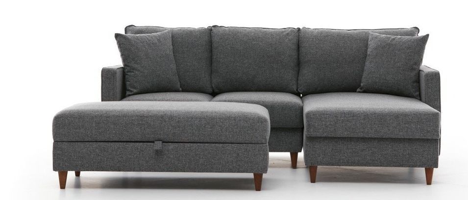 Canapé d'angle convertible avec pouf coffre tissu gris Melano 210 cm - Photo n°1