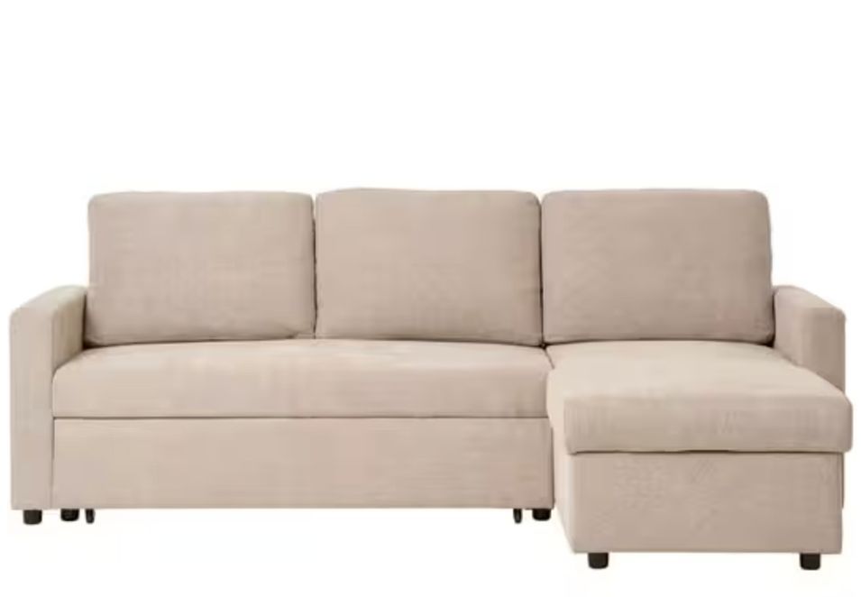 Canapé d’angle convertible BELFAST – Tissu beige avec tiroir-lit et coffre de rangement - Photo n°1