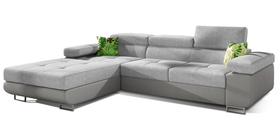 Canapé d'angle convertible appuis-tête réglables KALIZO - Coffre et pieds acier chromé - Photo n°1