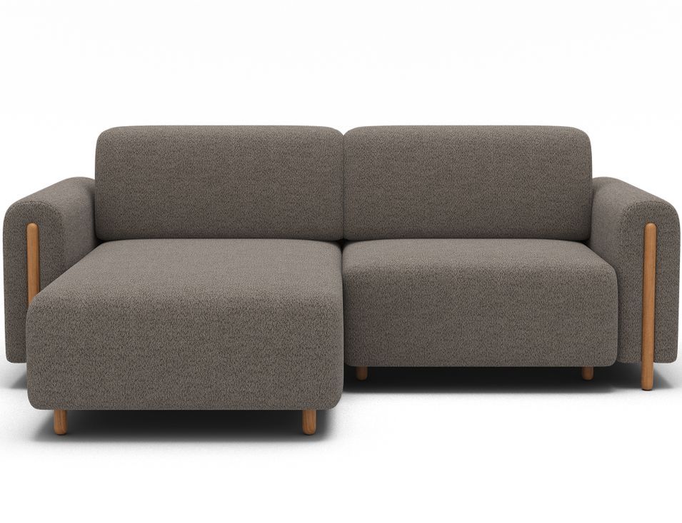 Canapé d'angle convertible BOBBY en tissu bouclette avec coffre de rangement et pieds en bois massif naturel - 244 cm - Photo n°1