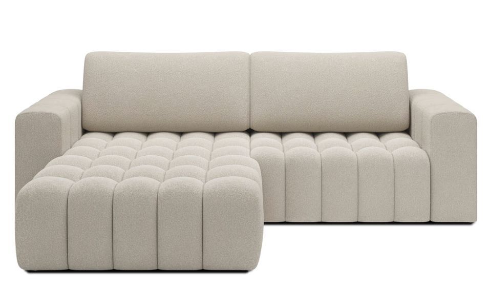 Canapé d’angle convertible BOZEN en tissu bouclette capitonné avec coffre – 250 cm - Photo n°1