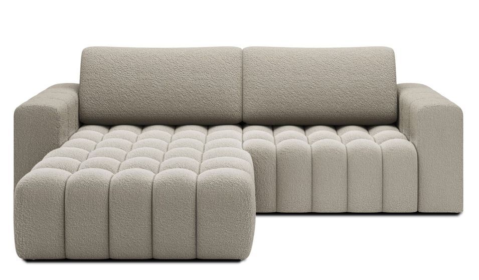 Canapé d’angle convertible BOZEN en tissu bouclette capitonné avec coffre – 250 cm - Photo n°1