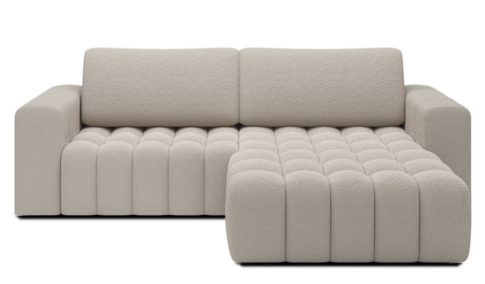 Canapé d’angle convertible BOZEN en tissu bouclette capitonné avec coffre – 250 cm - Photo n°1