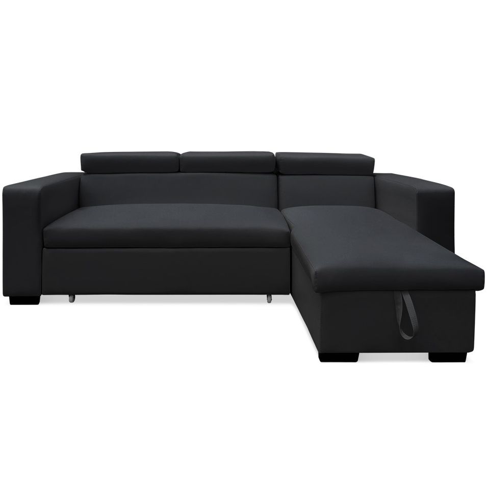 Canapé d'angle convertible coffre et têtières relevables Noir MYA - Photo n°1