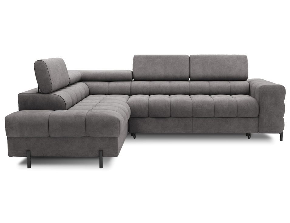 Canapé d'angle convertible en tissu appuis-tête réglables LUCCINO - Coffre et pieds métal noir - Photo n°1