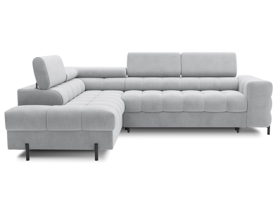 Canapé d'angle convertible en tissu appuis-tête réglables LUCCINO - Coffre et pieds métal noir - Photo n°1