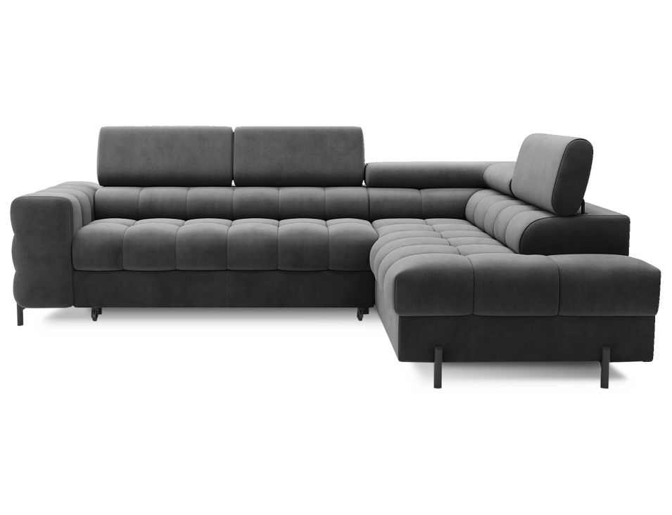 Canapé d'angle convertible en tissu appuis-tête réglables LUCCINO - Coffre et pieds métal noir - Photo n°1