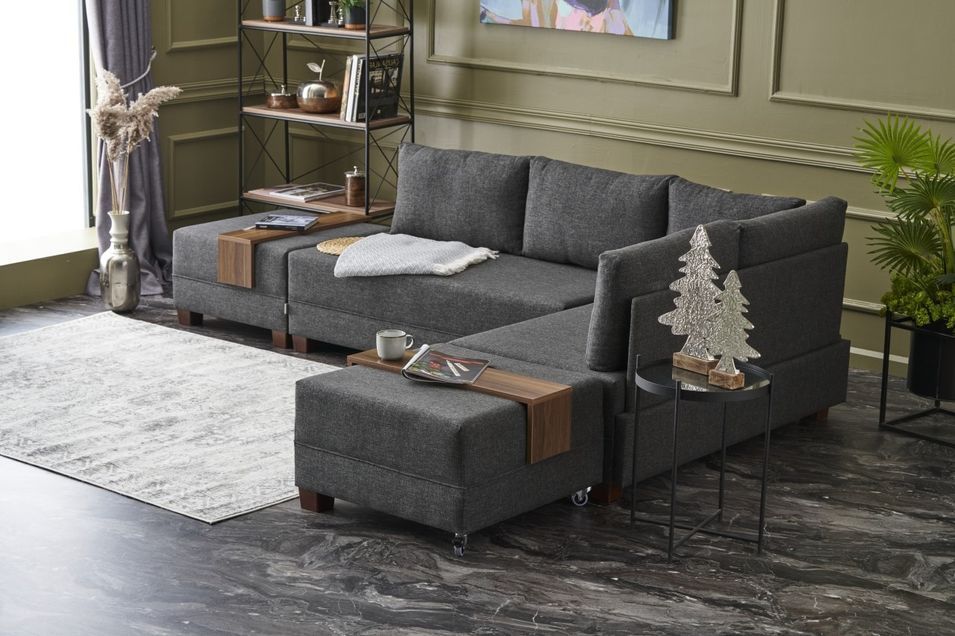 Canapé d'angle convertible et 2 poufs tissu Tikona 280 cm - Photo n°3