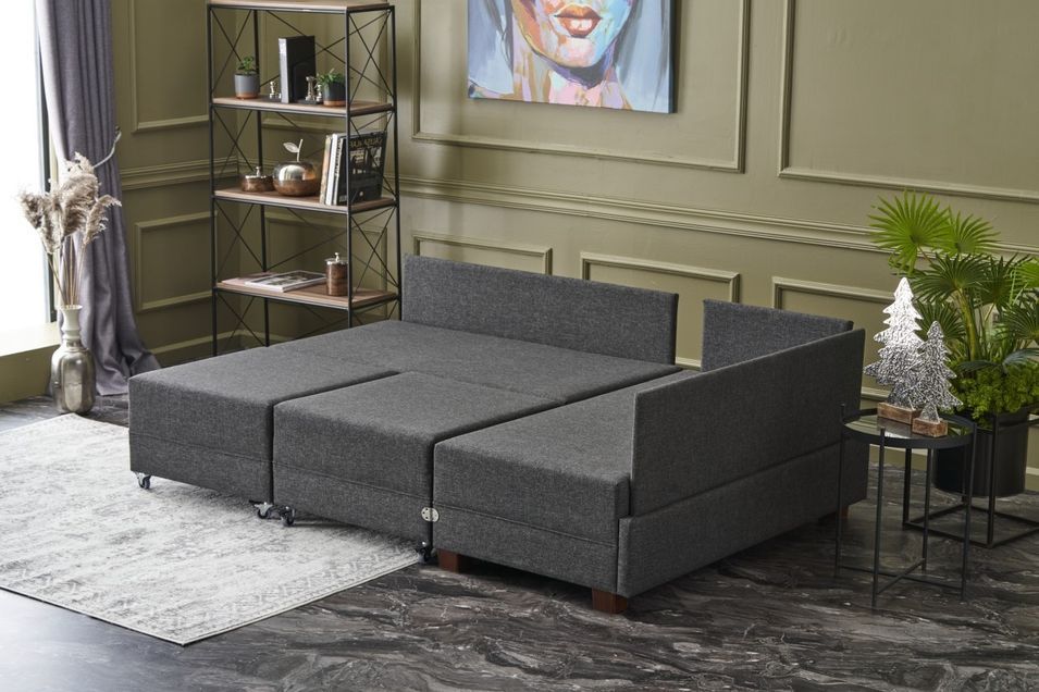 Canapé d'angle convertible et 2 poufs tissu Tikona 280 cm - Photo n°4