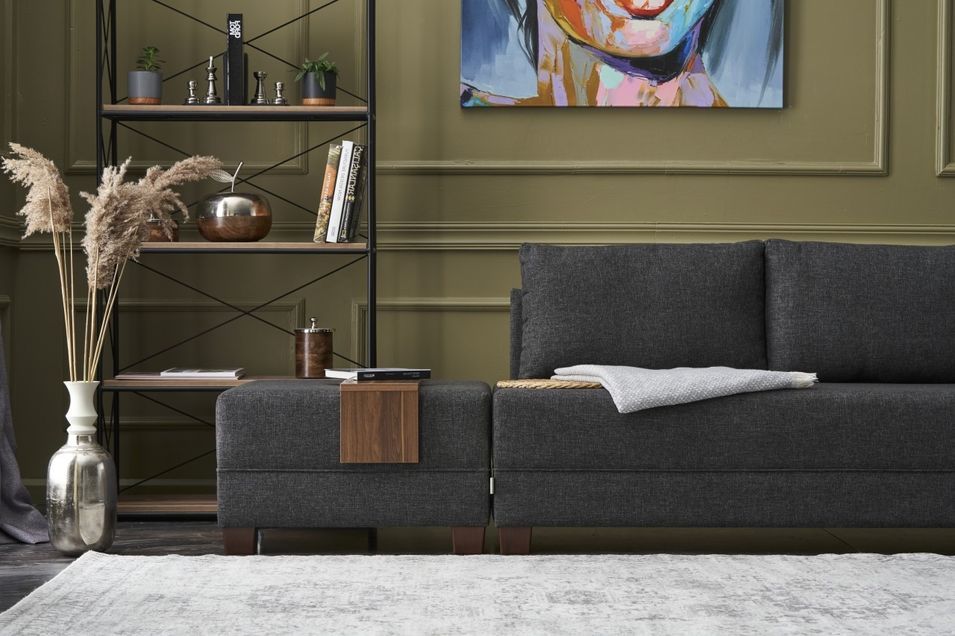Canapé d'angle convertible et 2 poufs tissu Tikona 280 cm - Photo n°5