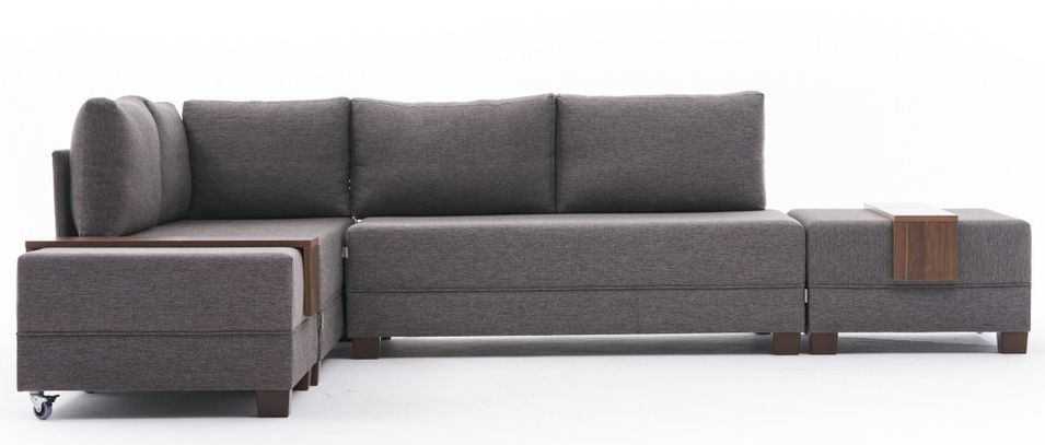 Canapé d'angle convertible et 2 poufs tissu Tikona 280 cm - Photo n°1