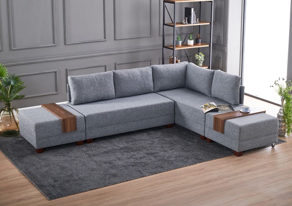 Canapé d'angle convertible et 2 poufs tissu Tikona 280 cm - Photo n°1