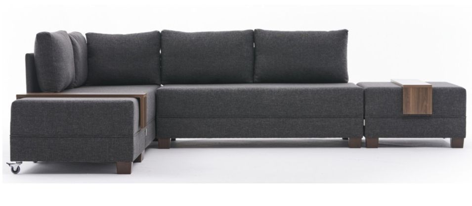 Canapé d'angle convertible et 2 poufs tissu Tikona 280 cm - Photo n°1