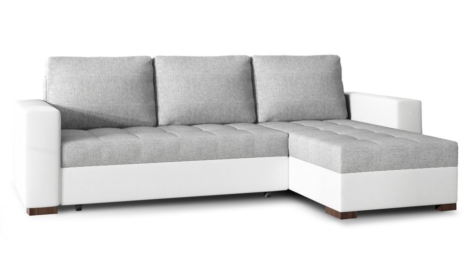 Canapé d'angle convertible et réversible tissu gris clair et simili cuir blanc Zelly 237 cm - Photo n°1