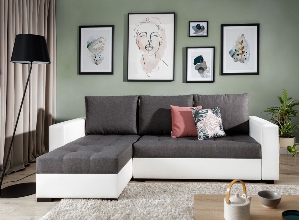 Canapé d'angle convertible et réversible tissu gris foncé et simili cuir blanc Zelly 237 cm - Photo n°1