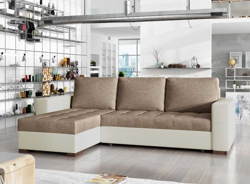 Canapé d'angle convertible et réversible tissu marron clair et simili cuir beige Zelly 237 cm - Photo n°1