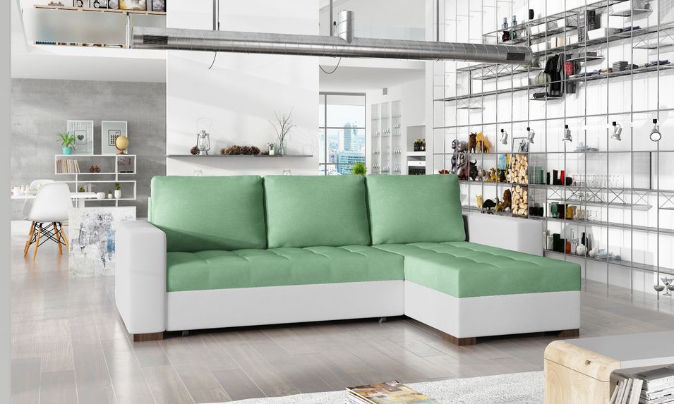 Canapé d'angle convertible et réversible tissu vert clair et simili cuir blanc Zelly 237 cm - Photo n°1