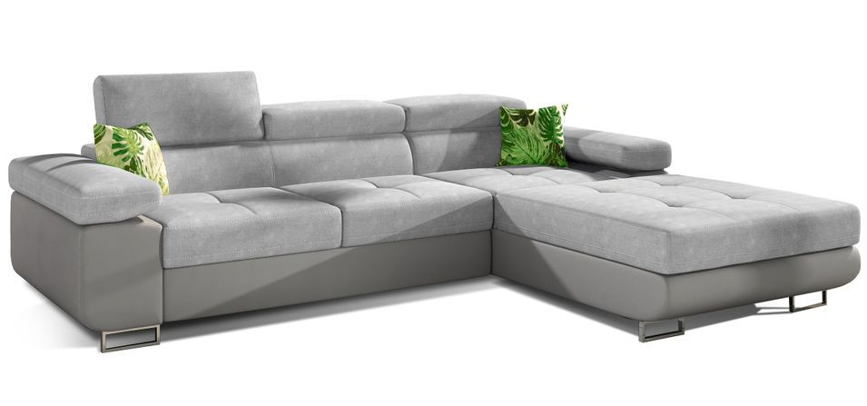 Canapé d’angle convertible KALIZO en tissu côtelé avec coffre, têtières réglables et pieds en acier chromé – 289 cm - Photo n°1