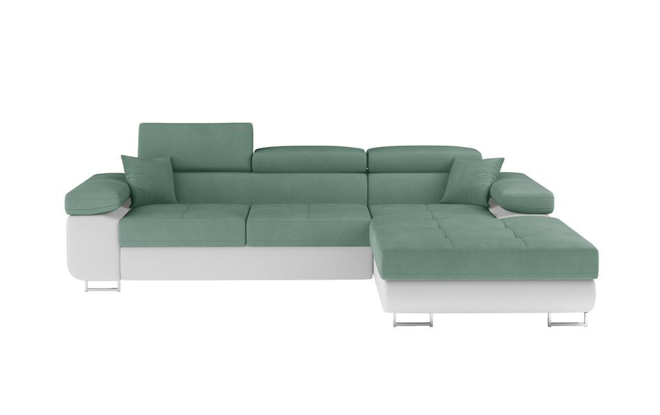 Canapé d’angle convertible KALIZO en tissu côtelé avec coffre, têtières réglables et pieds en acier chromé – 289 cm - Photo n°1