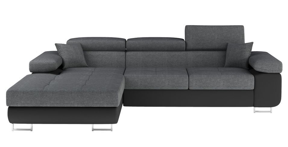 Canapé d’angle convertible KALIZO en tissu côtelé avec coffre, têtières réglables et pieds en acier chromé – 289 cm - Photo n°1