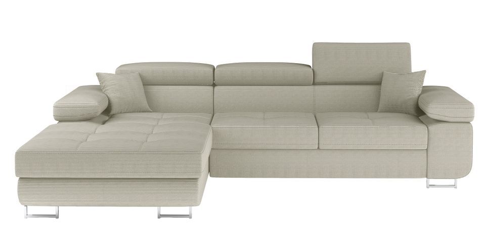 Canapé d’angle convertible KALIZO en tissu côtelé avec coffre, têtières réglables et pieds en acier chromé – 289 cm - Photo n°1