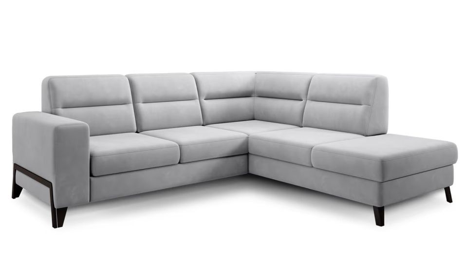 Canapé d’angle convertible KAZAL en tissu avec têtières réglables et pieds en acier noir – 277 cm - Photo n°1
