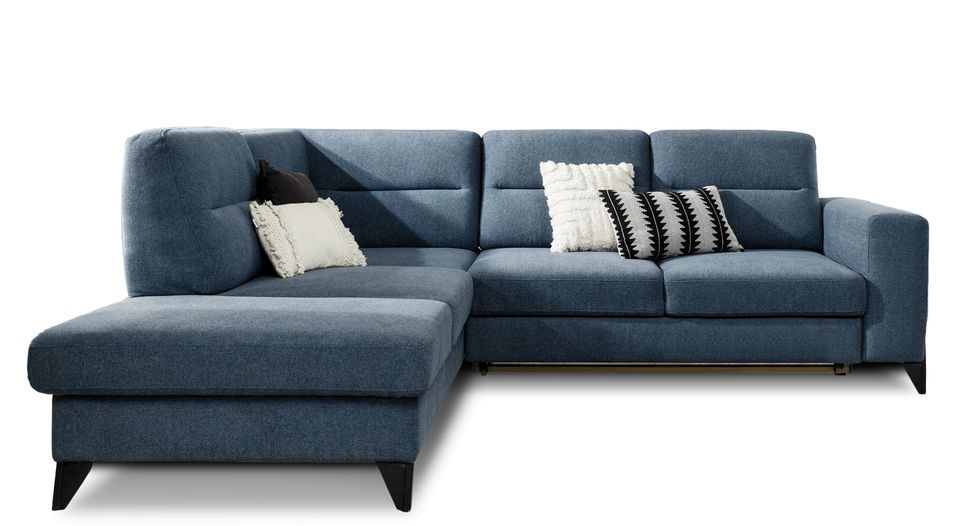 Canapé d’angle convertible KAZAL en tissu avec têtières réglables et pieds en acier noir – 277 cm - Photo n°1