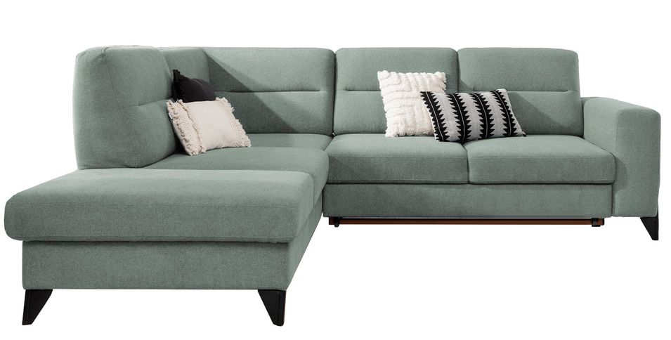 Canapé d’angle convertible KAZAL en tissu avec têtières réglables et pieds en acier noir – 277 cm - Photo n°1