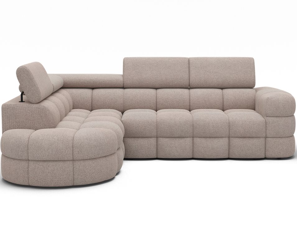 Canapé d'angle convertible KIMA en tissu bouclette avec coffre et appuie-têtes réglables - Photo n°1