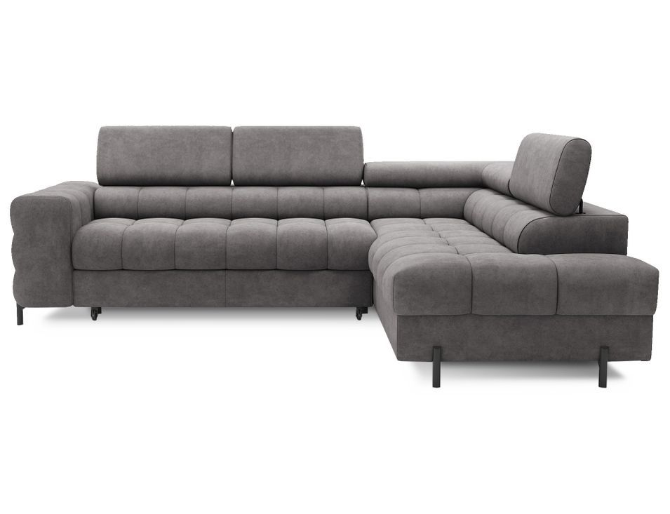 Canapé d’angle convertible LUCCINO en tissu avec coffre, têtières réglables et pieds en métal noir – 276 cm - Photo n°1