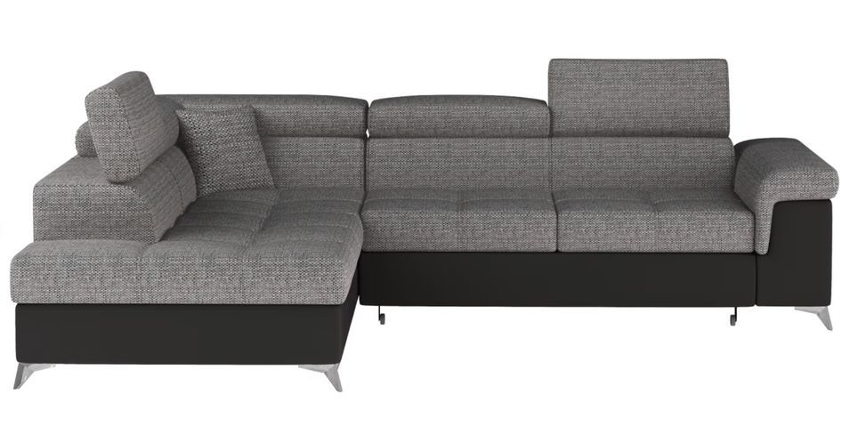 Canapé d’angle convertible MARIDO en tissu et simili cuir avec coffre et têtières réglables – 275 cm - Photo n°1