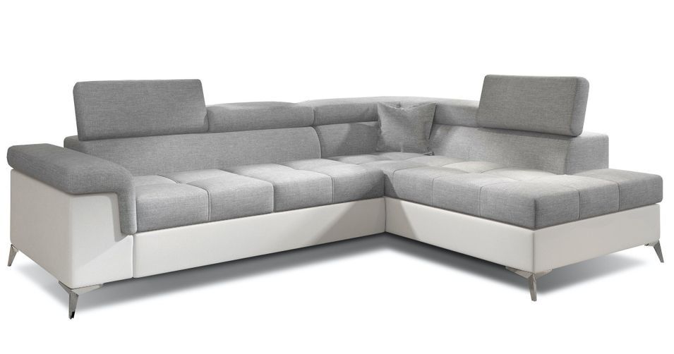 Canapé d’angle convertible MARIDO en tissu et simili cuir avec coffre et têtières réglables – 275 cm - Photo n°1