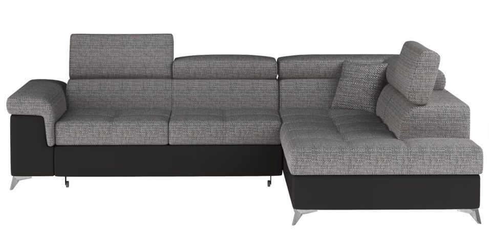 Canapé d’angle convertible MARIDO en tissu et simili cuir avec coffre et têtières réglables – 275 cm - Photo n°1