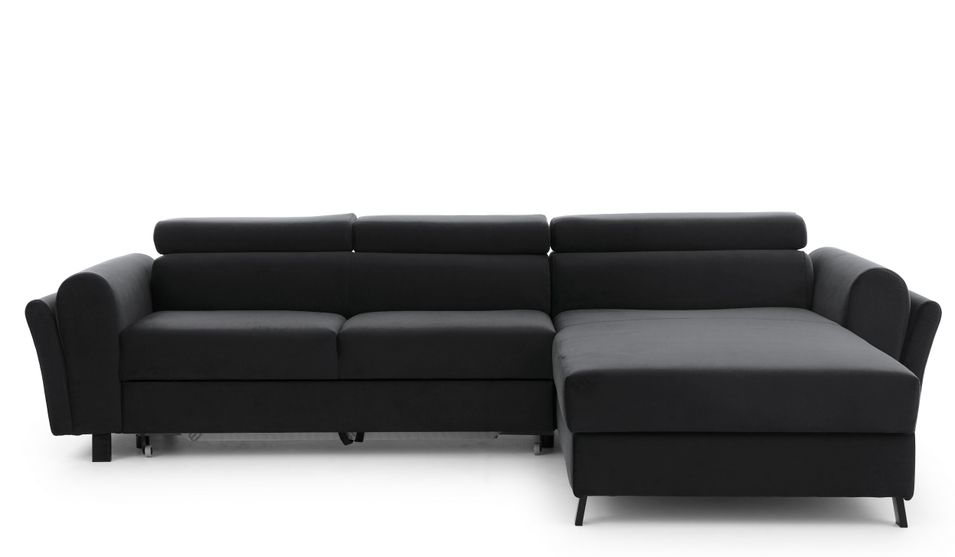 Canapé d’angle convertible MAZALI en velours avec coffre et têtières réglables – 288 cm - Photo n°1