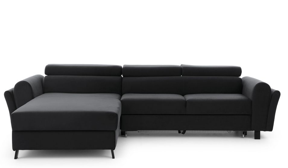 Canapé d’angle convertible MAZALI en velours avec coffre et têtières réglables – 288 cm - Photo n°1