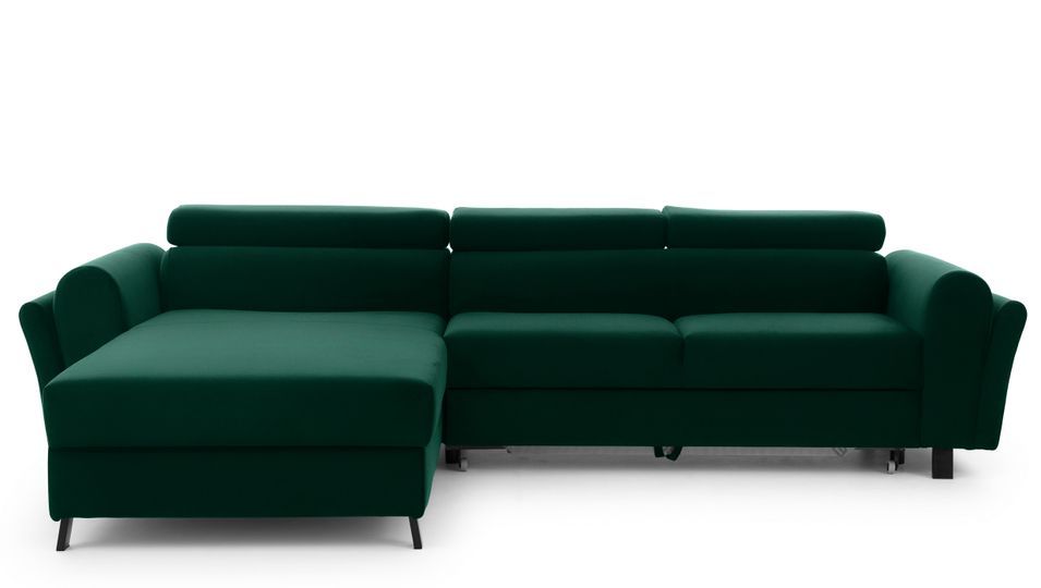 Canapé d’angle convertible MAZALI en velours avec coffre et têtières réglables – 288 cm - Photo n°1