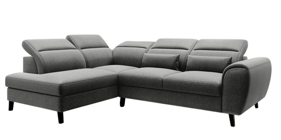 Canapé d’angle convertible NOBLESSE en tissu avec coffre et pieds en bois noir – 265 cm - Photo n°1