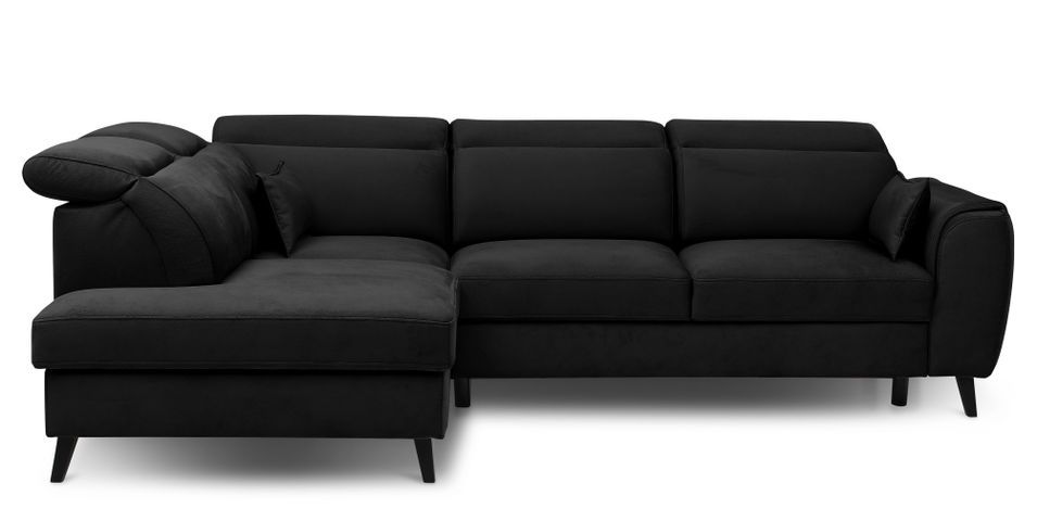 Canapé d’angle convertible NOBLESSE en tissu avec coffre et pieds en bois noir – 265 cm - Photo n°1