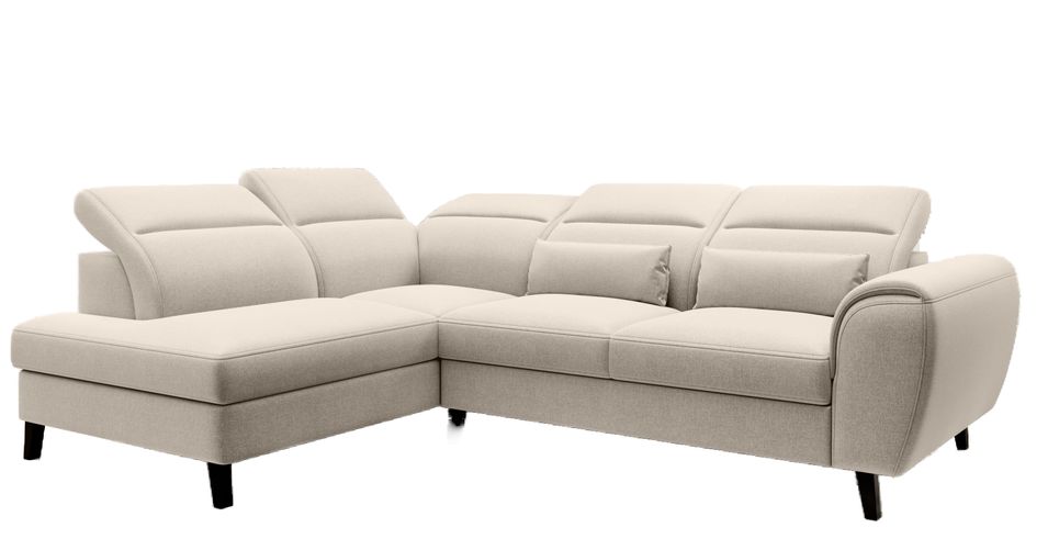 Canapé d’angle convertible NOBLESSE en tissu avec coffre et pieds en bois noir – 265 cm - Photo n°1