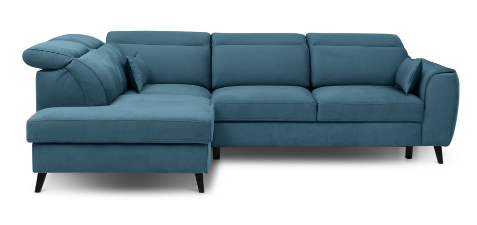 Canapé d’angle convertible NOBLESSE en tissu avec coffre et pieds en bois noir – 265 cm - Photo n°1