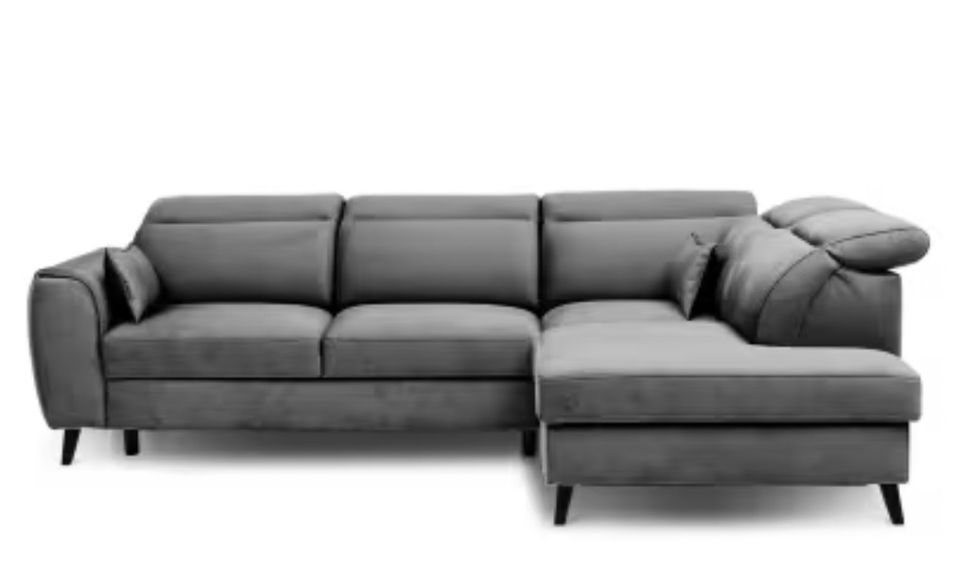 Canapé d’angle convertible NOBLESSE en velours avec coffre et pieds en bois noir – 265 cm - Photo n°1