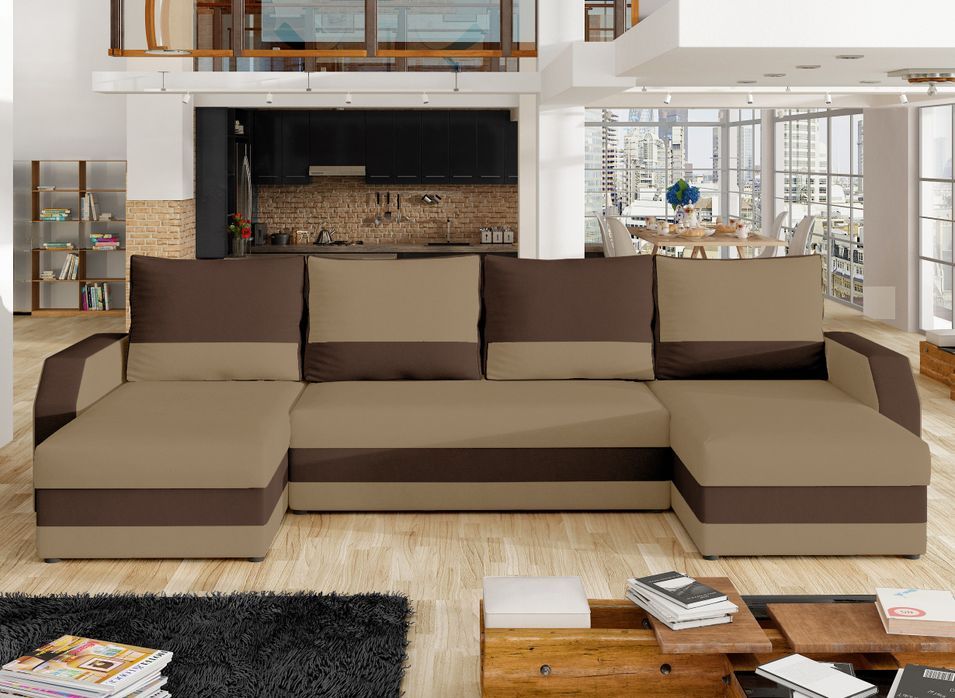 Canapé d'angle convertible panoramique bicolore tissu marron clair et marron foncé Nordy 307 cm - Photo n°1