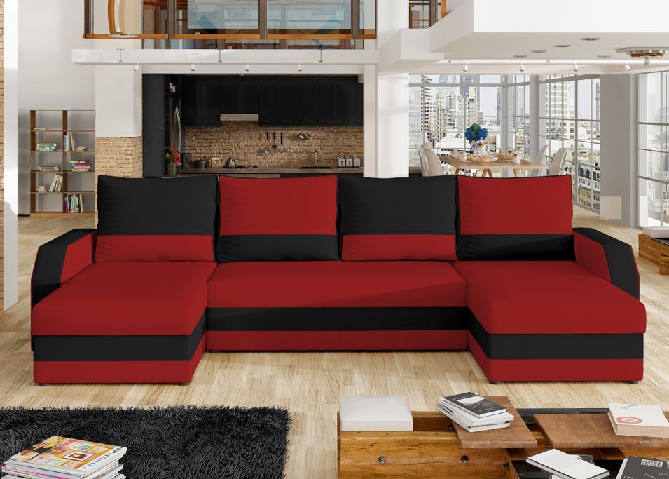 Canapé d'angle convertible panoramique bicolore tissu rouge et noir Nordy 307 cm - Photo n°1