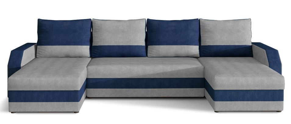 Canapé d'angle convertible panoramique bicolore velours gris clair et bleu Nordy 307 cm - Photo n°1