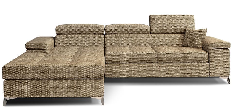 Canapé d’angle convertible RIKARO en tissu avec coffre, têtières réglables et pieds en acier chromé – 281 cm - Photo n°1