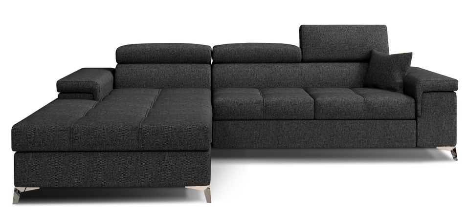 Canapé d’angle convertible RIKARO en tissu avec coffre, têtières réglables et pieds en acier chromé – 281 cm - Photo n°1