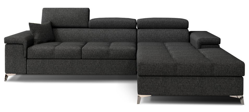 Canapé d’angle convertible RIKARO en tissu avec coffre, têtières réglables et pieds en acier chromé – 281 cm - Photo n°1