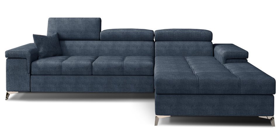 Canapé d’angle convertible RIKARO en tissu avec coffre, têtières réglables et pieds en acier chromé – 281 cm - Photo n°1